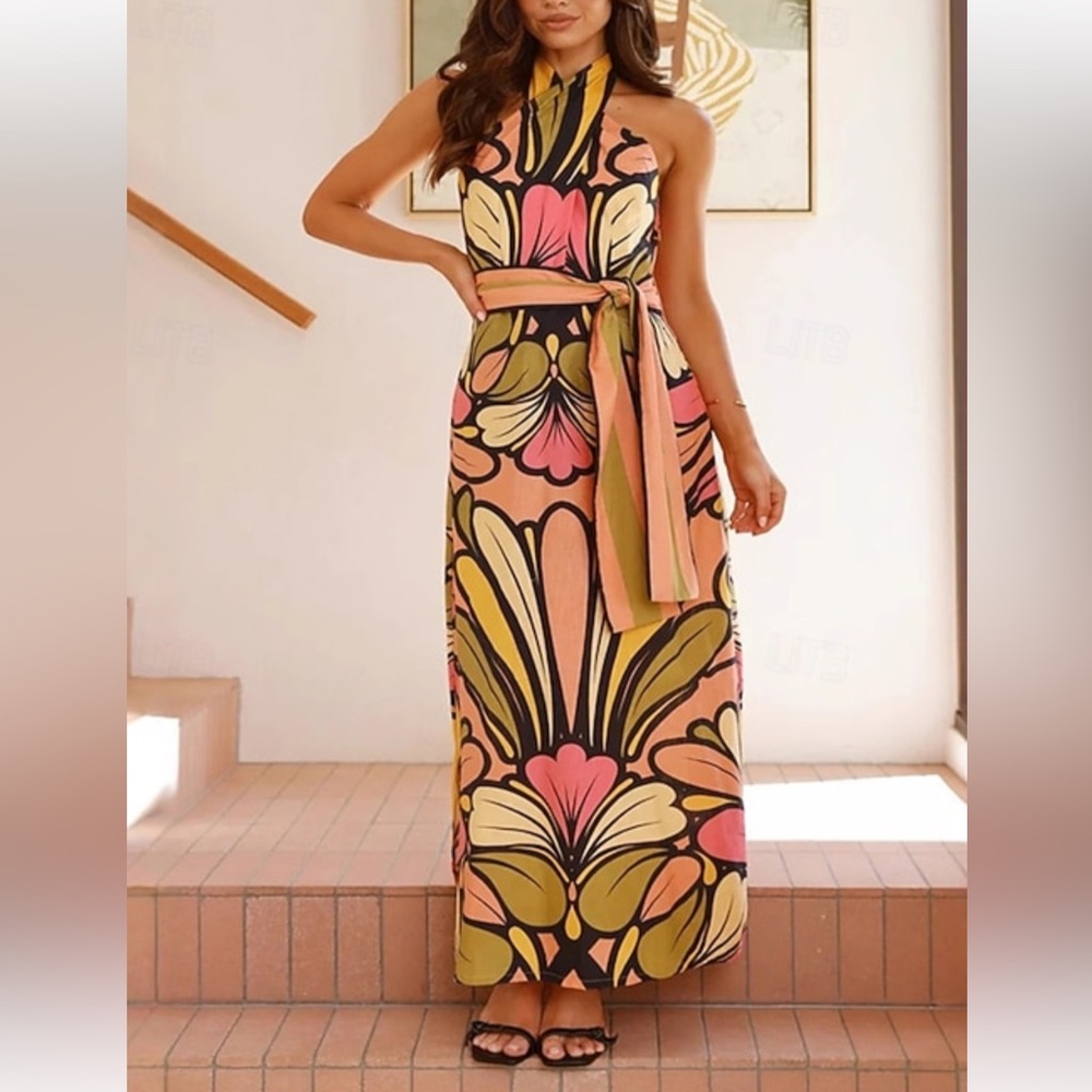 Chic Floral Halter Midi Dress
